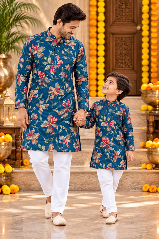 Father-Son  Navy Blue Floral Print Kurta Pajama Combo Set