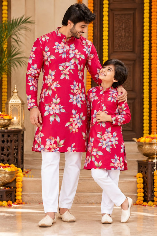 Father-Son Red Garden Kurta Pajama Combo Set
