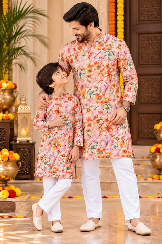 Father-Son Pastel Bloom Kurta Pajama Combo Set