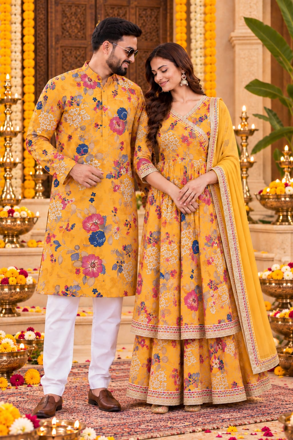 Golden Marigold Floral | Couple Matching Kurta Outfit