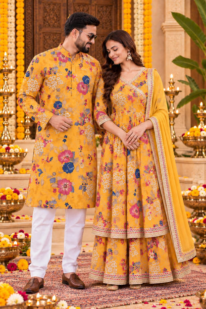 Golden Marigold Floral | Couple Matching Kurta Outfit