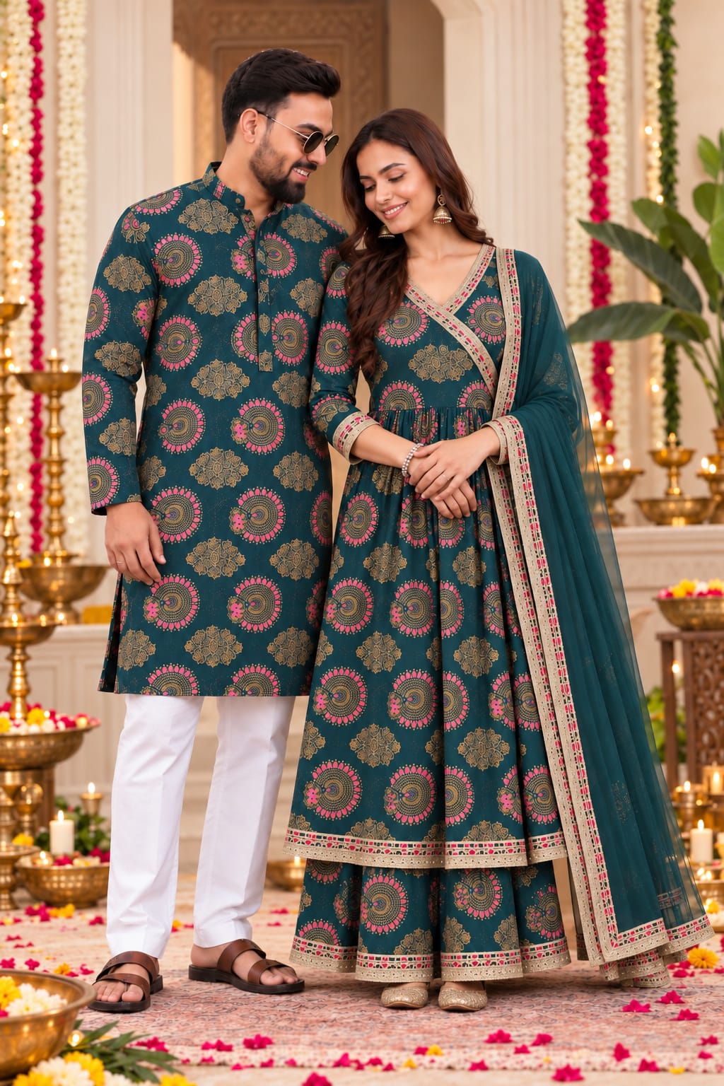 Festive Teal and Gold Print  | Couple Matching Kurta Outfit