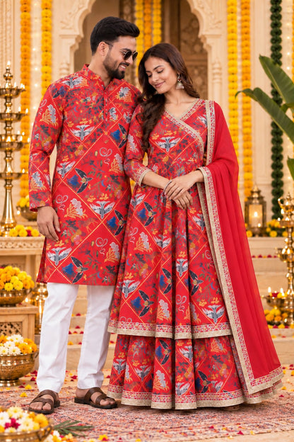 Red Botanical Print | Couple Matching Kurta Outfit