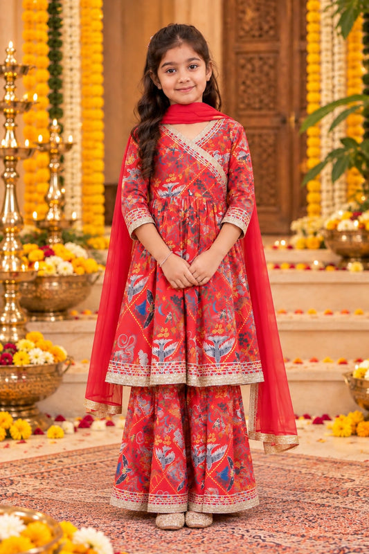 Red Botanical Print | Girl Sharara Duppta Set💖✨