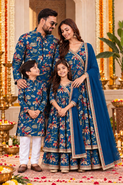 Navy Blue Floral  Festive  Print Family Combo Set🎉💛