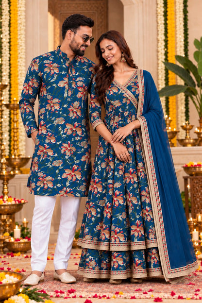 Navy Blue Floral Festive | Couple Matching Kurta Outfit