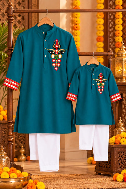 Father-Son Handwork Teal Kurta Pajama Matching set
