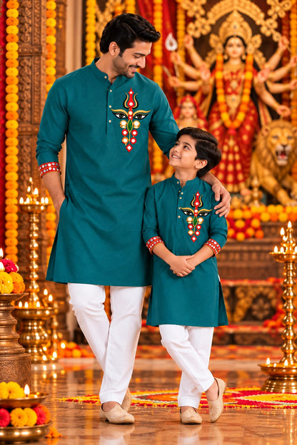 Father-Son Handwork Teal Kurta Pajama Matching set