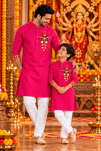 Father- Son Rani Agamani Hand-Embroidered Kurta Pajama Matching Set
