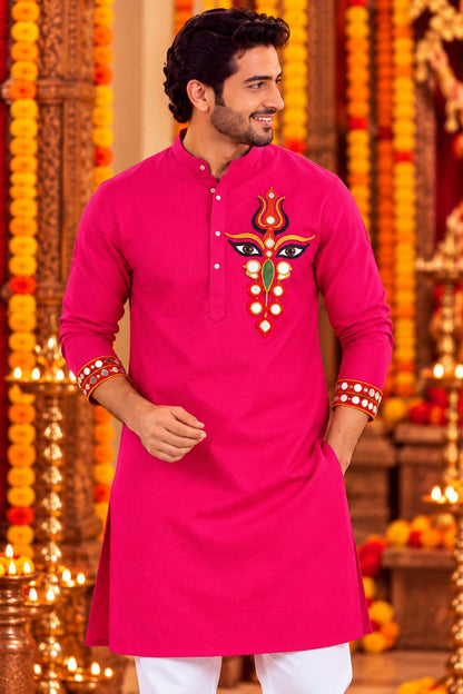 Father- Son Rani Agamani Hand-Embroidered Kurta Pajama Matching Set