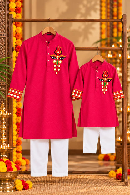 Father- Son Rani Agamani Hand-Embroidered Kurta Pajama Matching Set