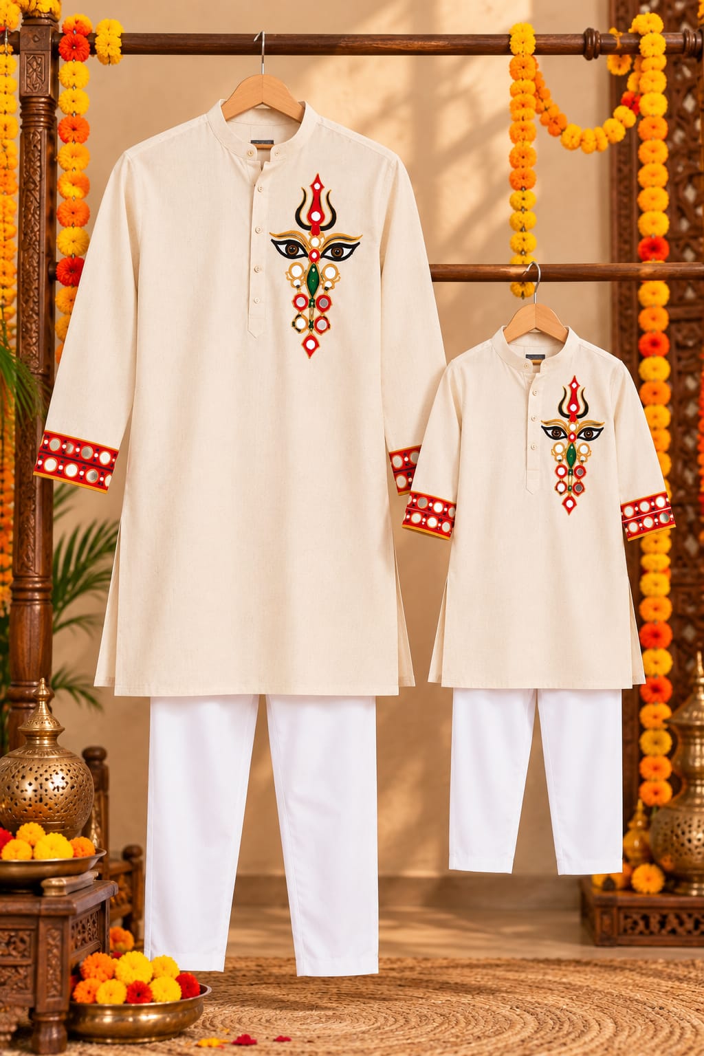 Father-Son Ivory Trinayani Hand-Embroidered Kurta Pajama Combo Set