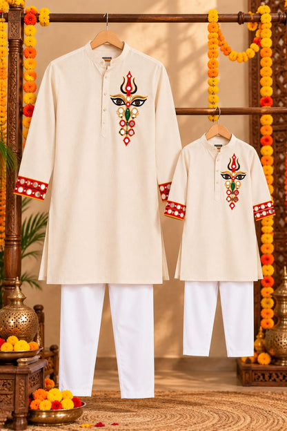 Father-Son Ivory Trinayani Hand-Embroidered Kurta Pajama Combo Set
