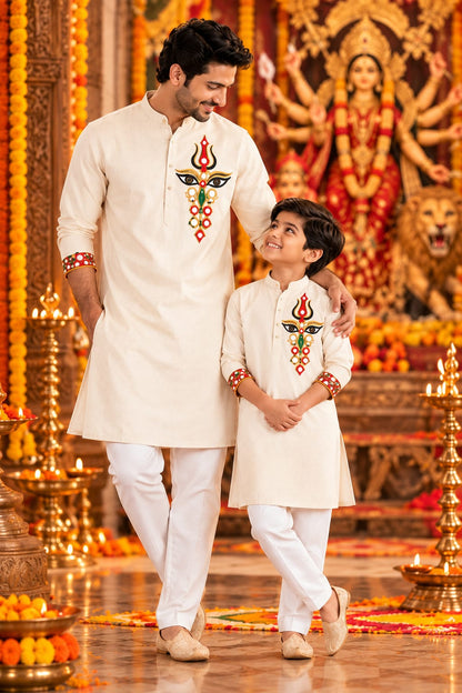 Father-Son Ivory Trinayani Hand-Embroidered Kurta Pajama Combo Set