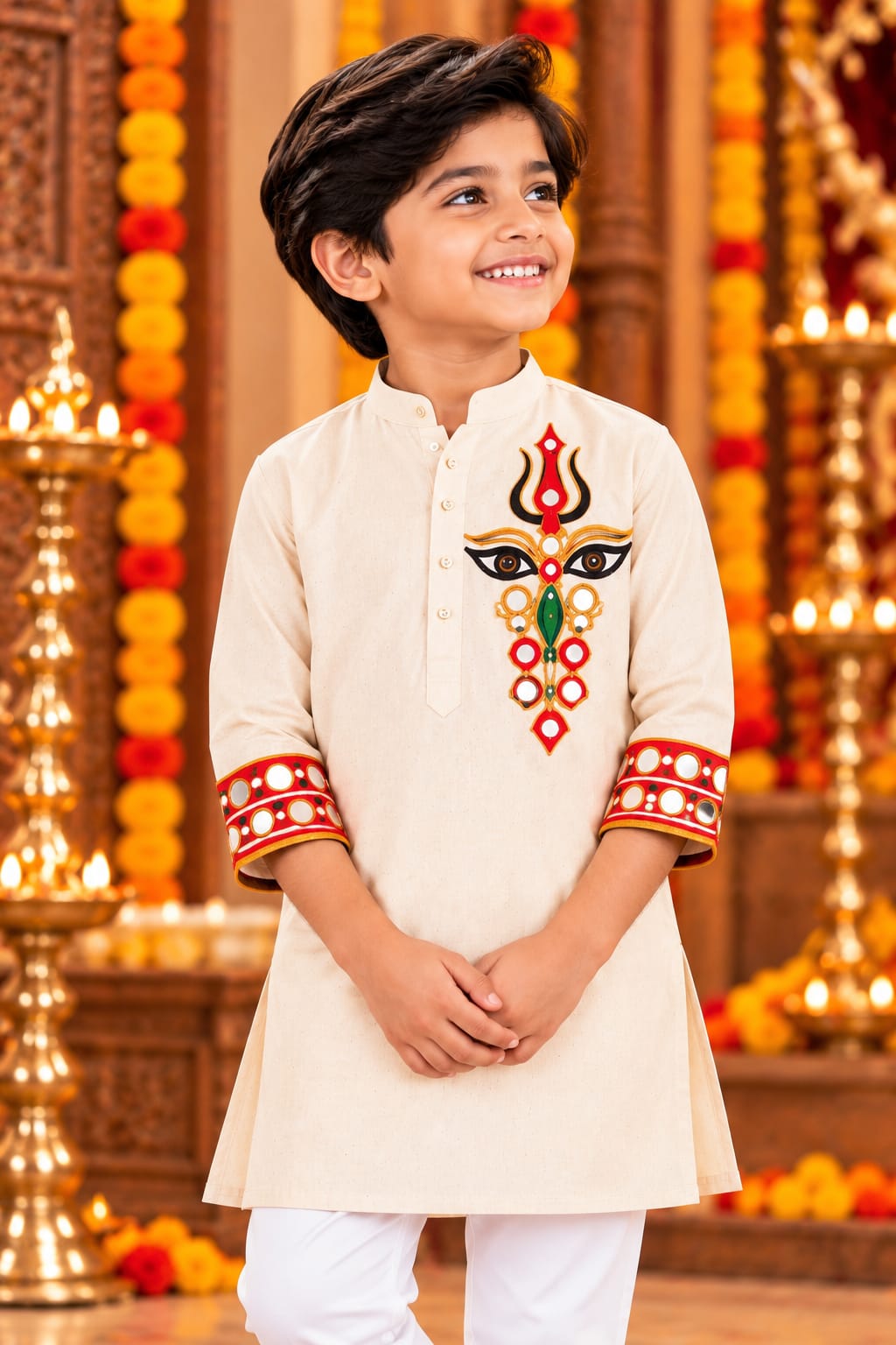 Boy Ivory Trinayani Hand-Embroidered Kurta Pajama Set