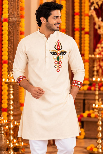 Father-Son Ivory Trinayani Hand-Embroidered Kurta Pajama Combo Set