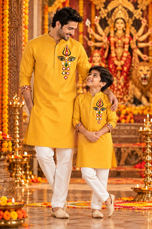 Yellow Mustard Trinayani Handwork Father Son Combo Set