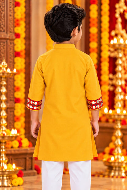 Yellow Mustard Trinayani Handwork Father Son Combo Set
