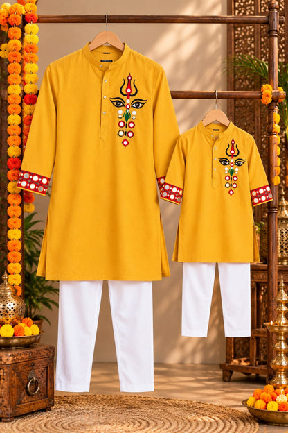 Yellow Mustard Trinayani Handwork Father Son Combo Set