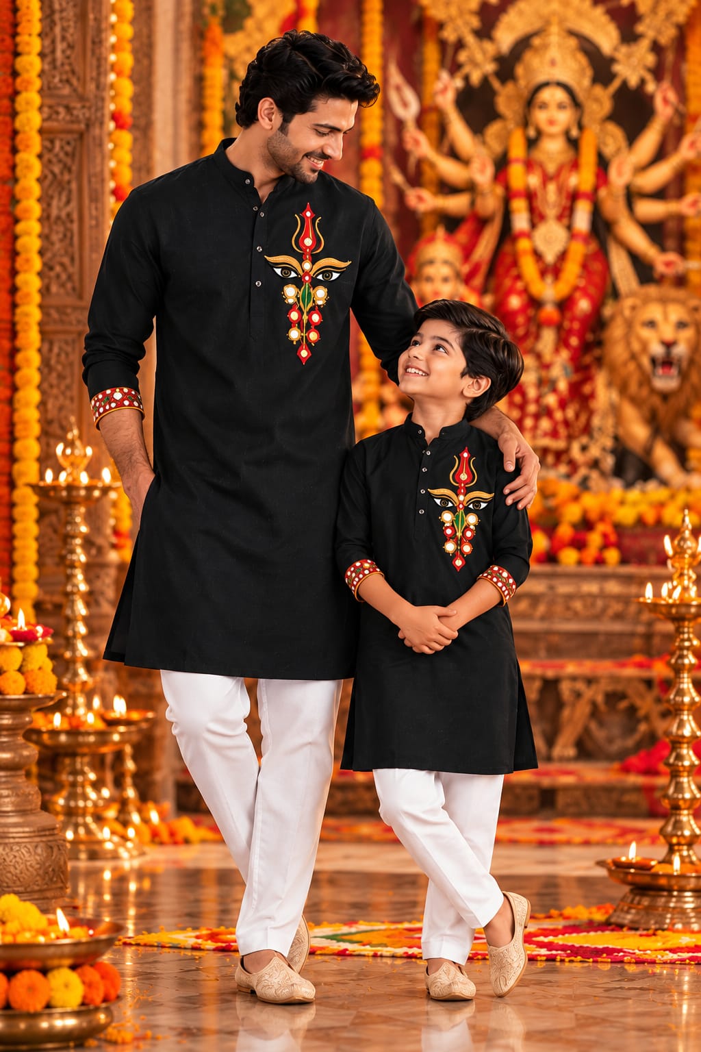 Classic Black Hand-Embroidered Father- Son Kurta Pajama Matching Set
