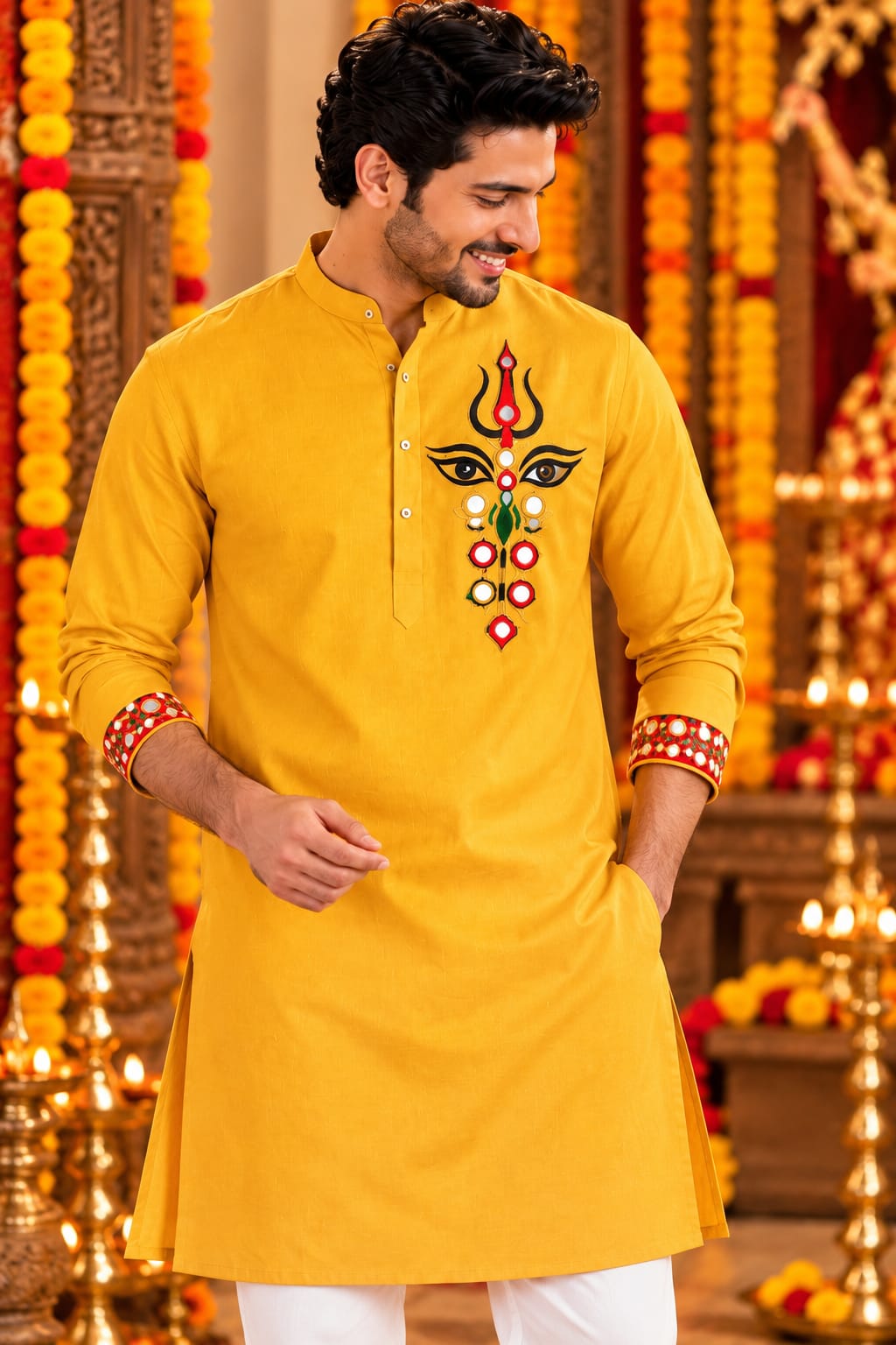 Yellow Mustard Trinayani Handwork Father Son Combo Set