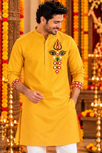 Yellow Mustard Trinayani Handwork Father Son Combo Set