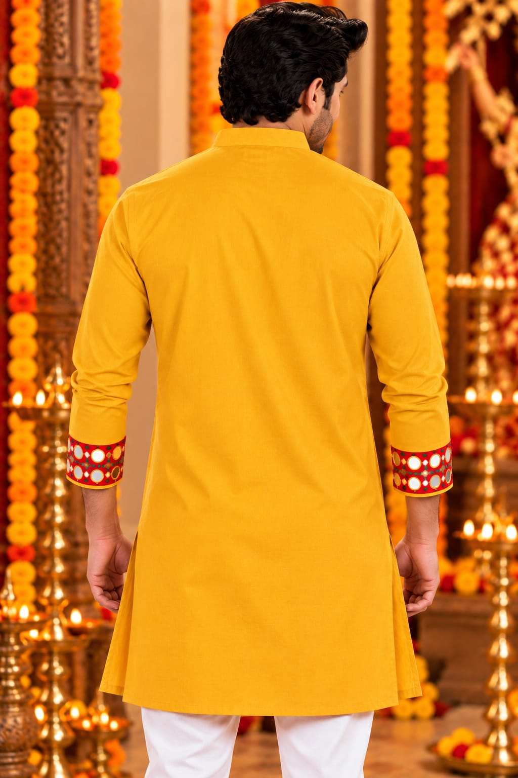 Yellow Mustard Trinayani Handwork Father Son Combo Set