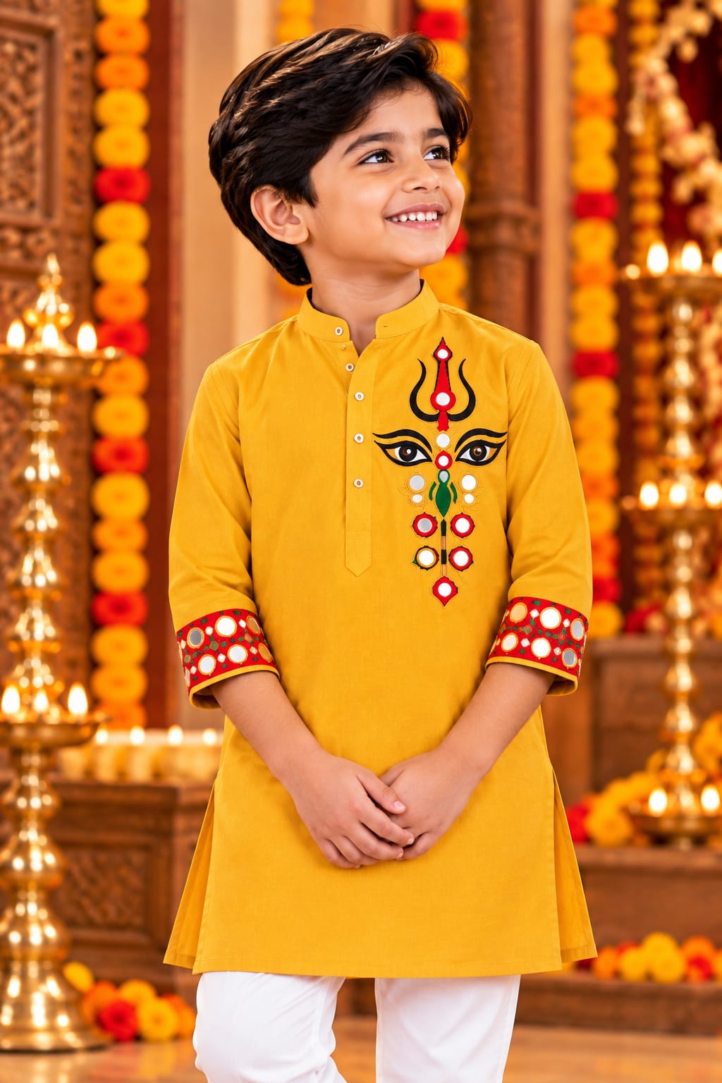 Yellow Mustard Trinayani Handwork Father Son Combo Set