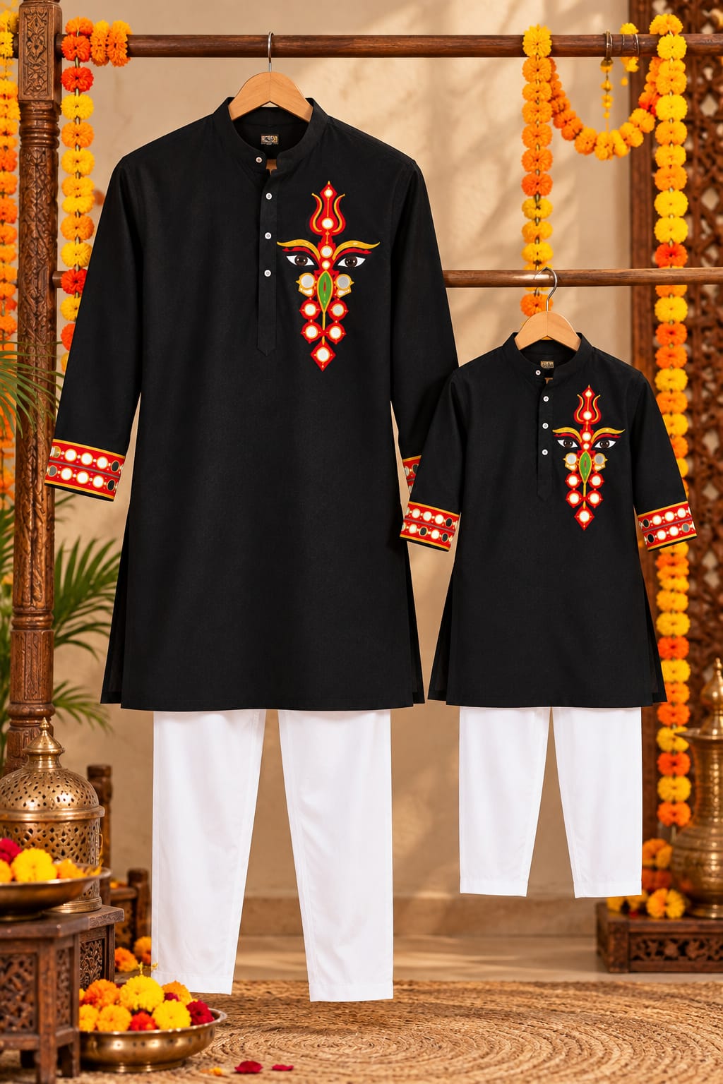 Classic Black Hand-Embroidered Father- Son Kurta Pajama Matching Set