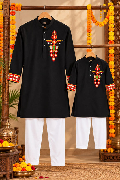 Classic Black Hand-Embroidered Father- Son Kurta Pajama Matching Set
