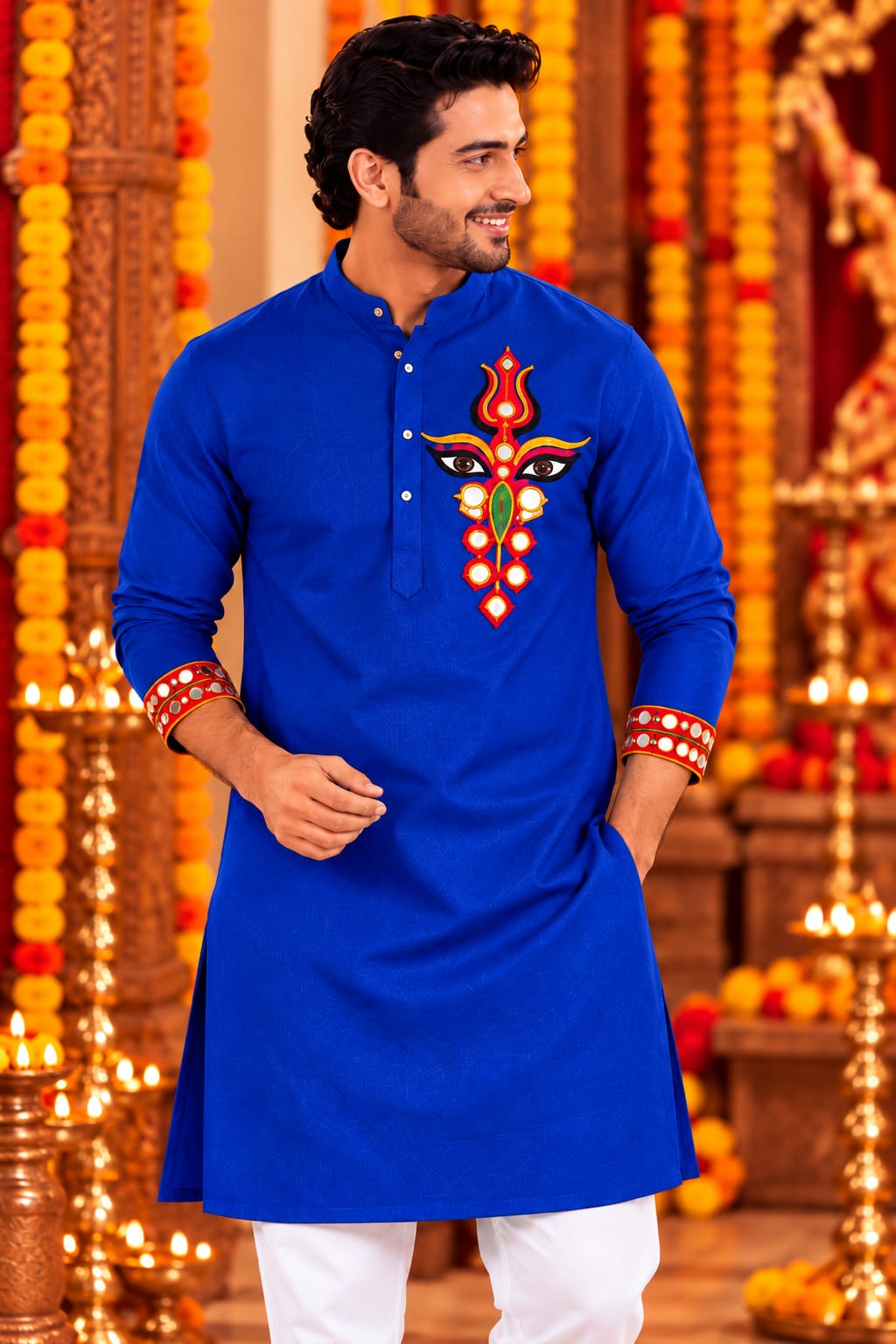 Royal Blue Trinayani Handwork Father Son Kurta Pajama Matching set