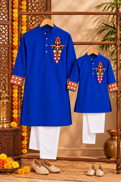 Royal Blue Trinayani Handwork Father Son Kurta Pajama Matching set