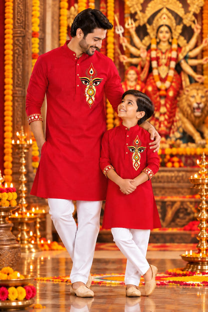 Festive Red Trinayani Handwork Father Son Combo Set