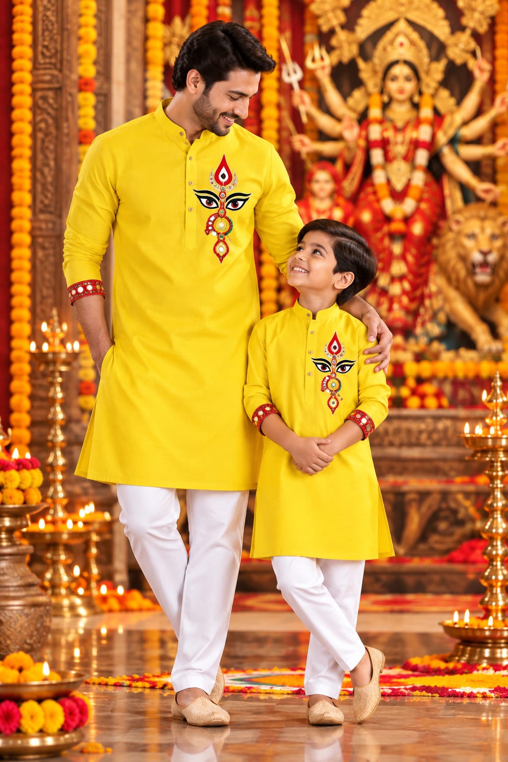 Bright Yellow Trinayani Handwork Father Son Combo Set
