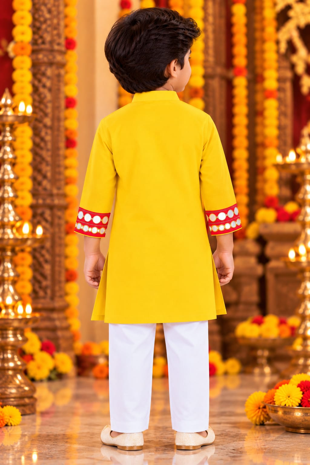Boy Bright Yellow Trinayani Handwork Kurta Pajama Set