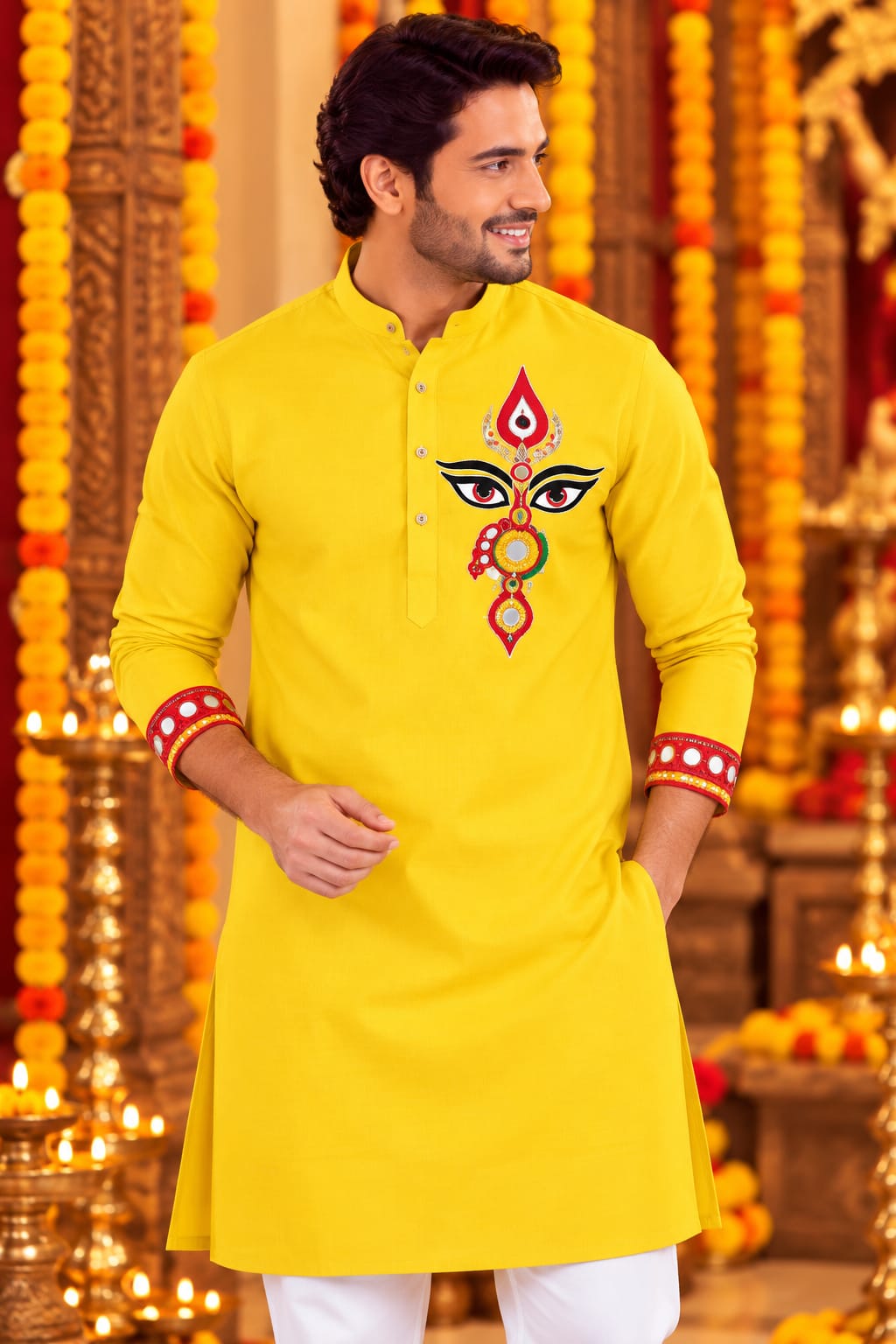 Bright Yellow Trinayani Handwork Father Son Combo Set