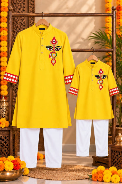 Bright Yellow Trinayani Handwork Father Son Combo Set