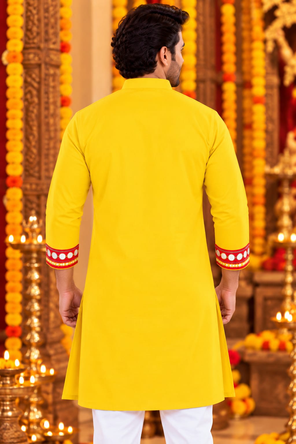Bright Yellow Trinayani Handwork Father Son Combo Set