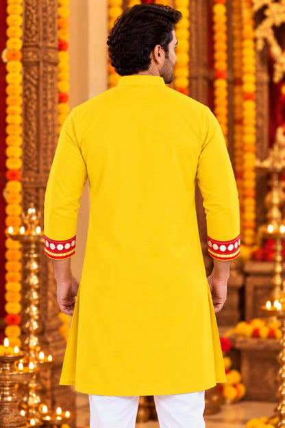 Bright Yellow Trinayani Handwork Father Son Combo Set