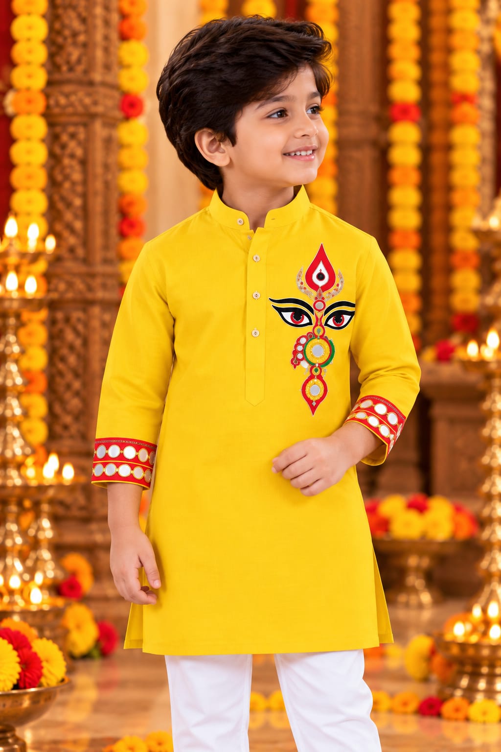 Boy Bright Yellow Trinayani Handwork Kurta Pajama Set