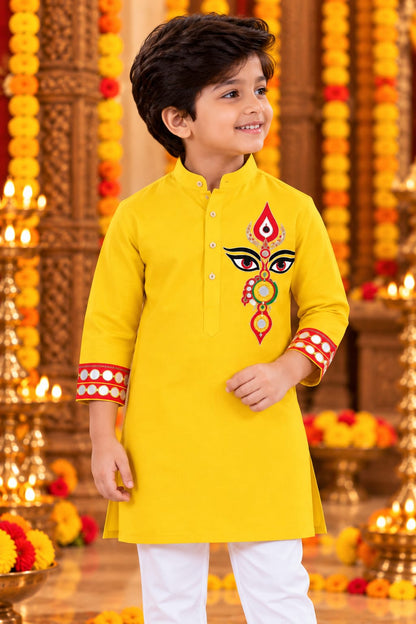 Boy Bright Yellow Trinayani Handwork Kurta Pajama Set