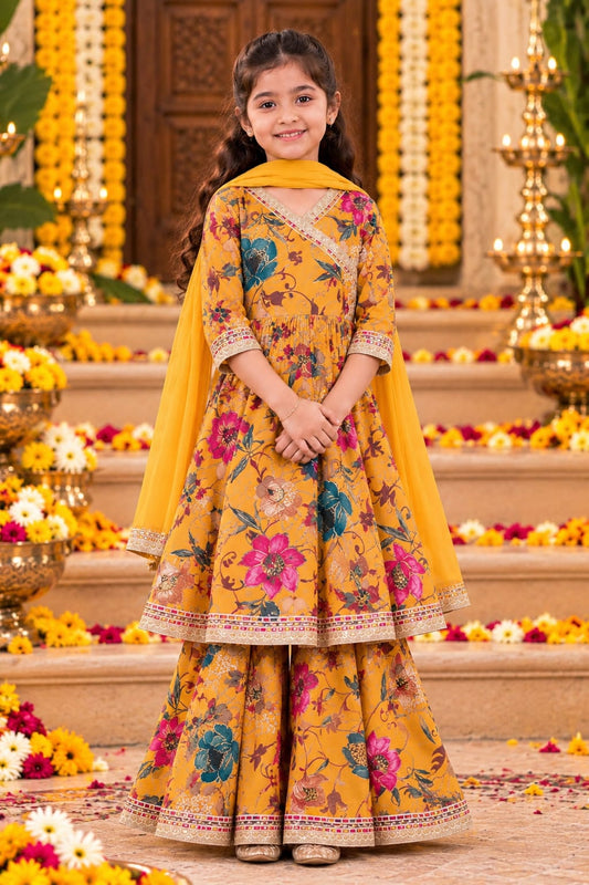 Golden Marigold Floral | Girl Sharara Duppta Set💖✨