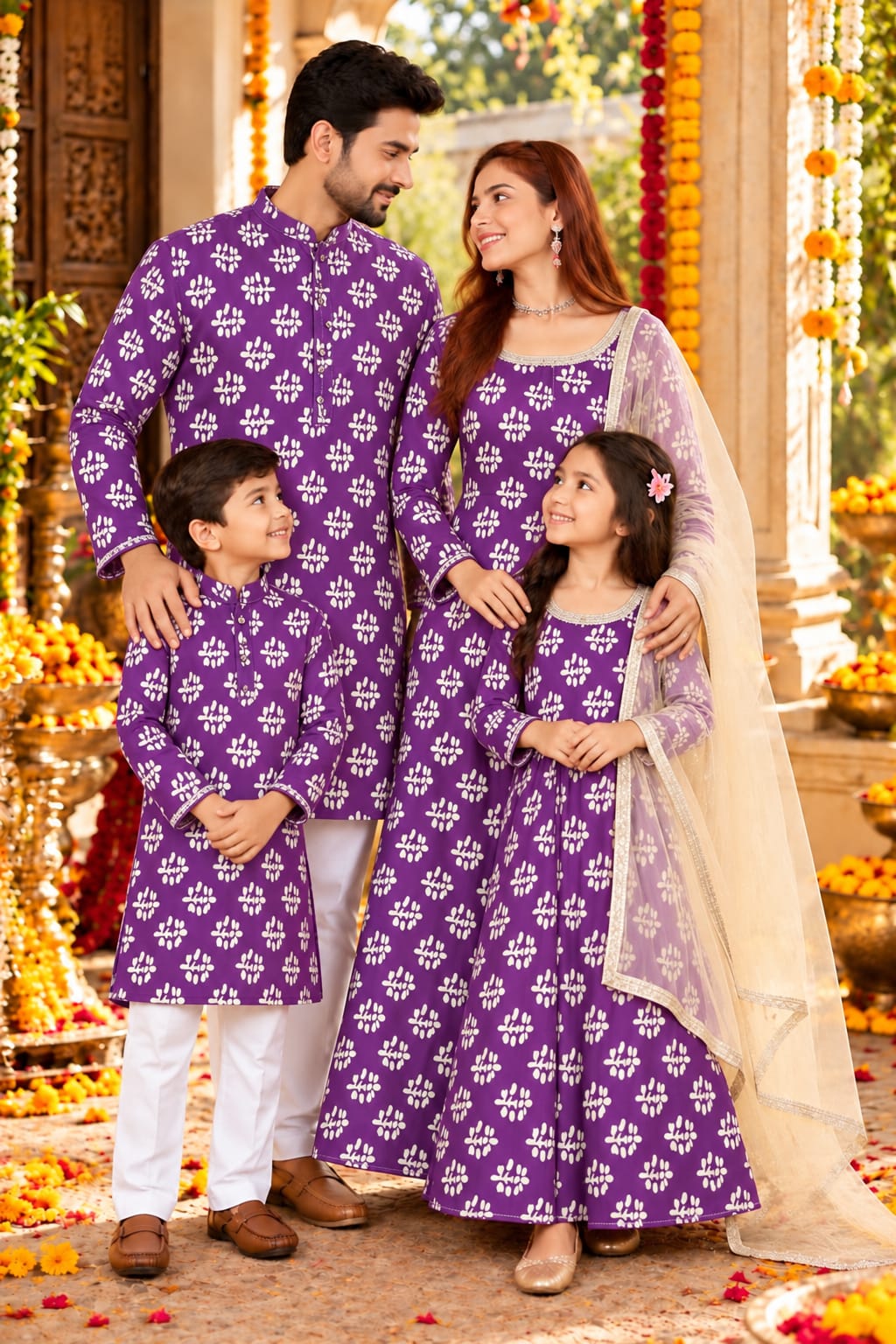 Shahi Gulbahar" Printed Purple Family Matching Festive Combo