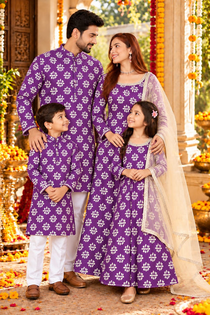 Shahi Gulbahar" Printed Purple Family Matching Festive Combo
