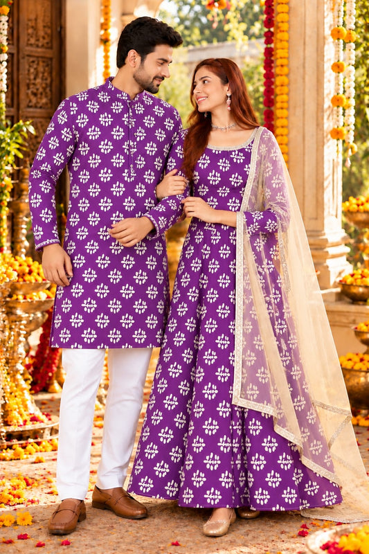 Shahi Gulbahar" Printed Purple | Couple Matching Kurta Outfit