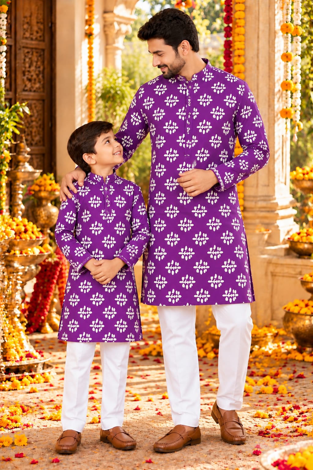 Shahi Gulbahar" Printed Purple Father & Son Kurta Pajama Combo Set