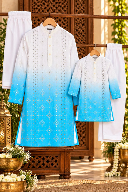 Father-Son Sky Blue Tie & Dye Ombre Kurta Pajama Combo Set