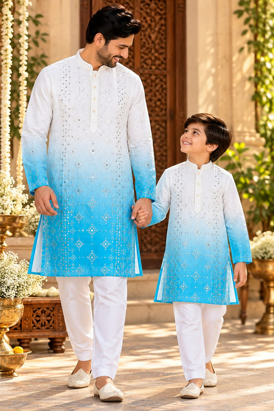 Father-Son Sky Blue Tie & Dye Ombre Kurta Pajama Combo Set