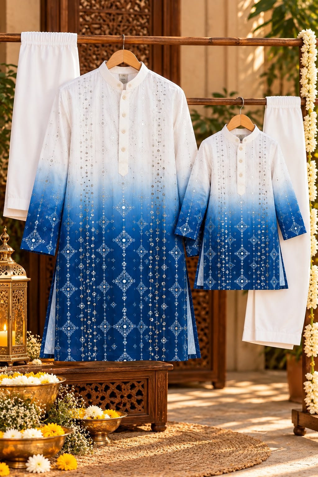 Father-Son Blue Tie & Dye Ombre Kurta Pajama Combo set