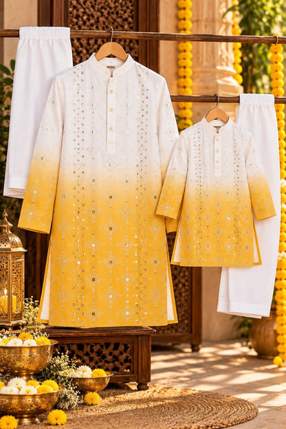 Father-Son Yelllow Tie & Dye Ombre Kurta Pajama Combo set